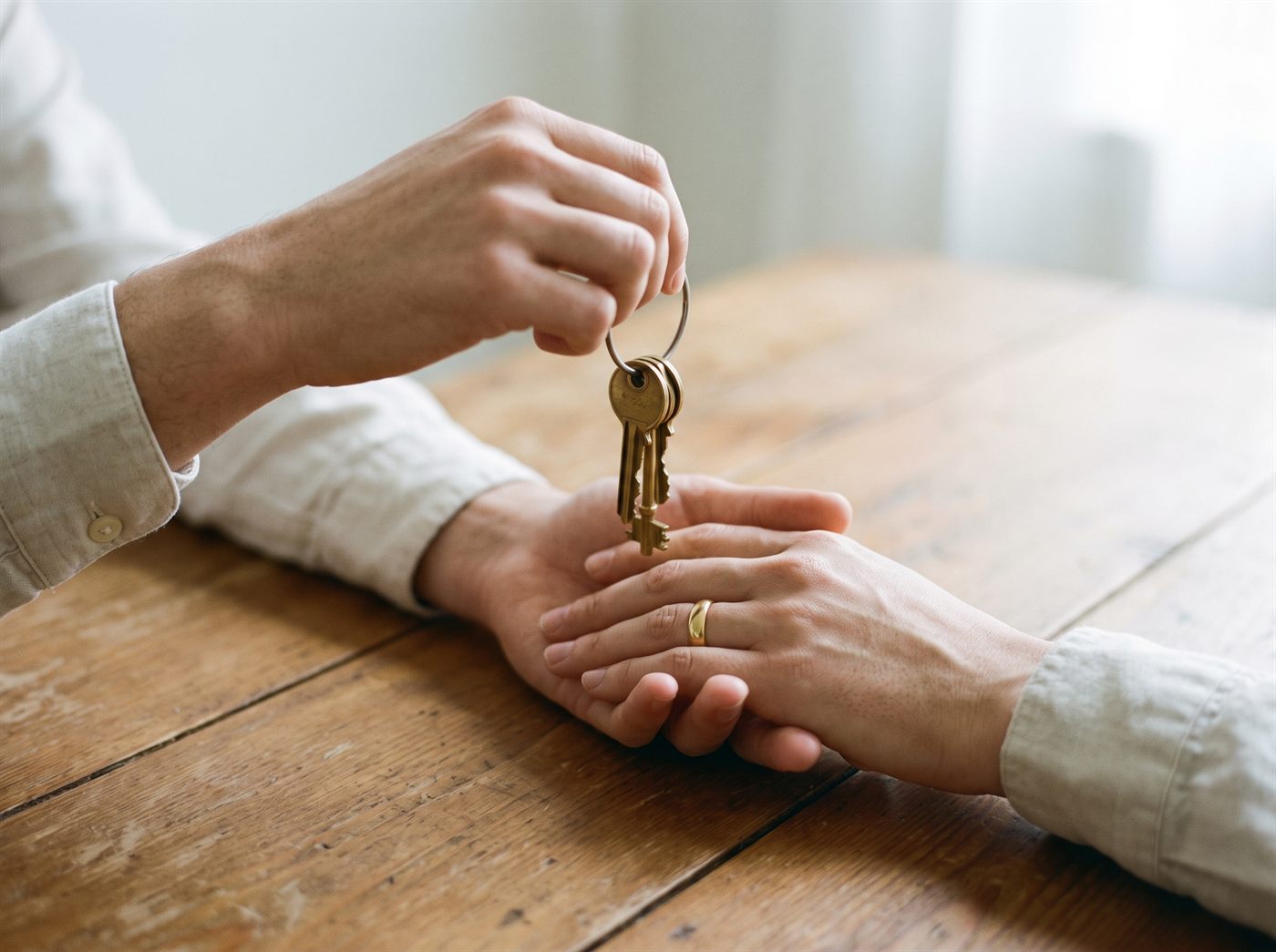 A hand passing brass apartment keys across a warm wooden table